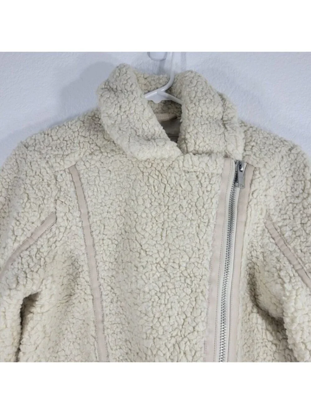 Abercrombie and Fitch Fleece Moto Jacket Women Small Faux Leather Beige Y2K 90s